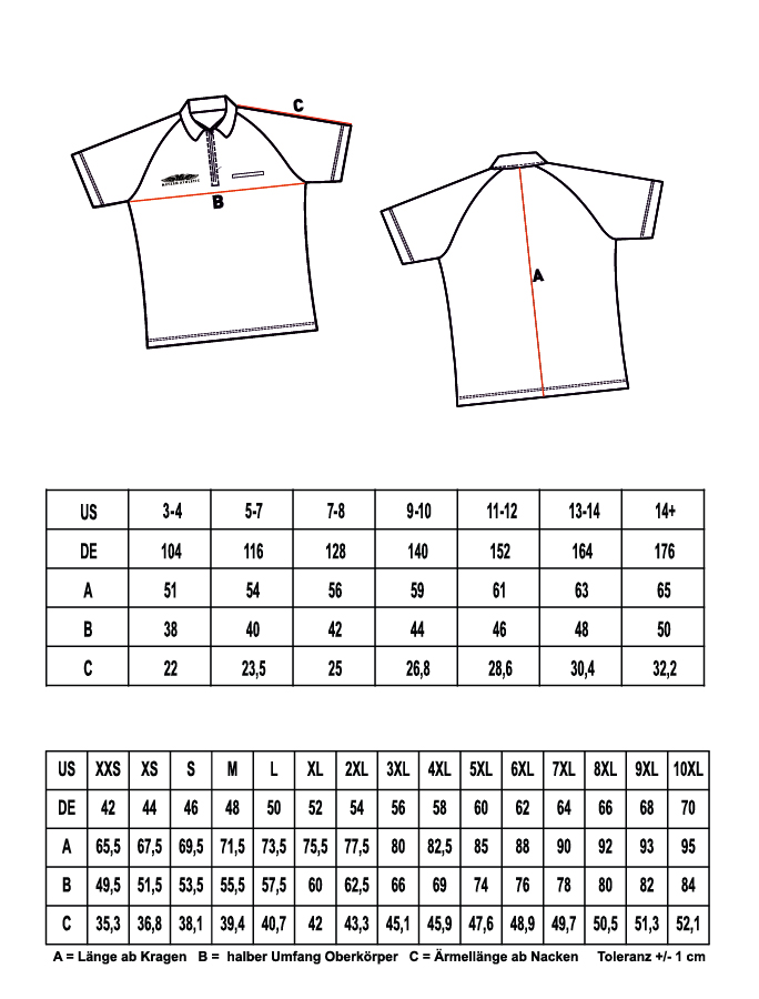 Größentabelle für Poloshirts oder Shirts mit Stehkragen